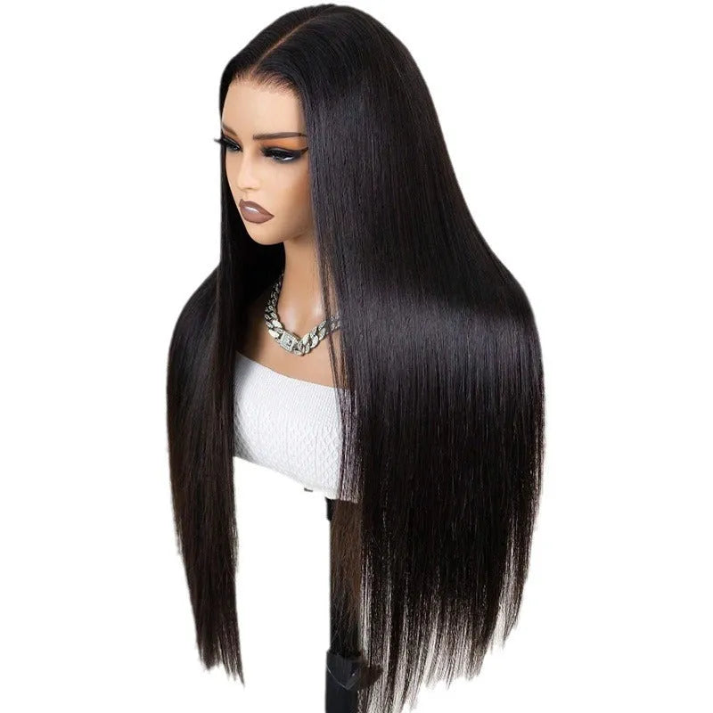 Straight black human hair wig with a 13x6 lace front, shown at a medium length.