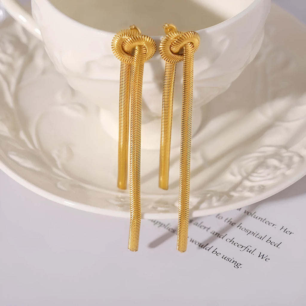Gold electroplated titanium steel knotted tassel necklace with snake chain and matching earrings set