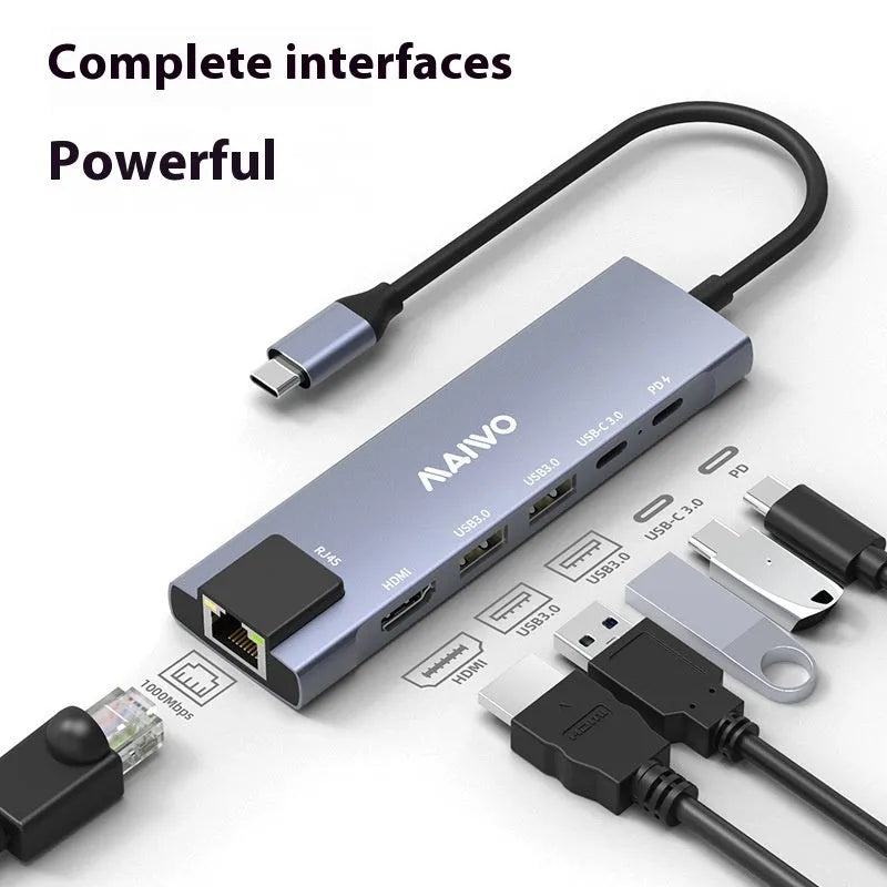 Steam Deck 6-in-1 aluminium docking station showing USB-C, HDMI, Ethernet, and USB ports