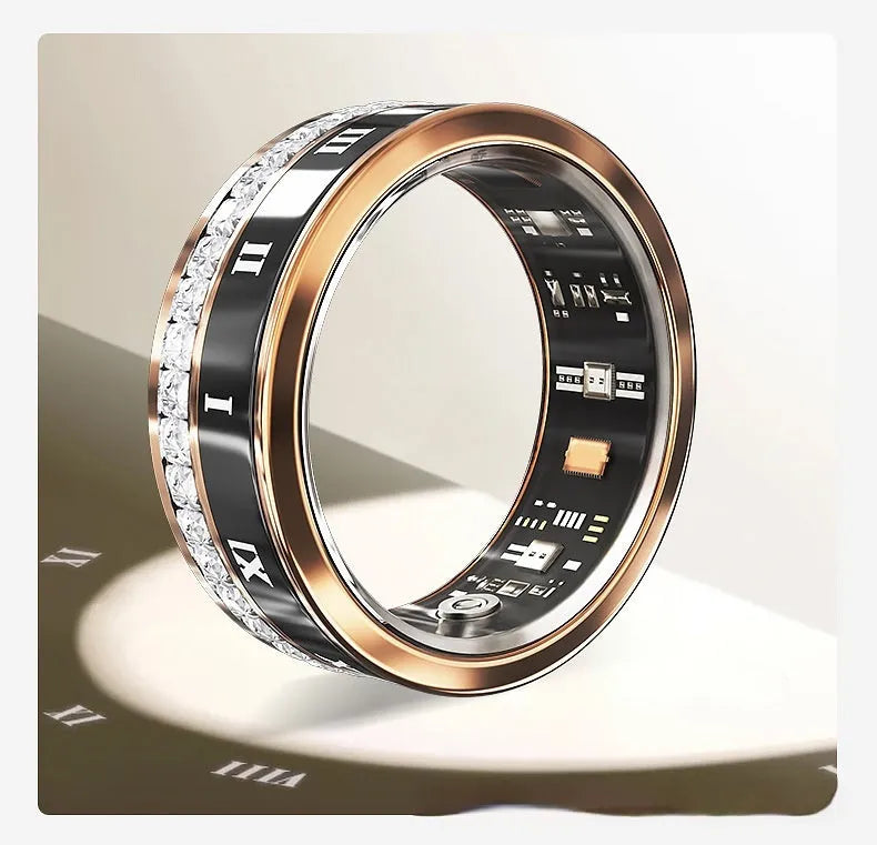Gold and silver coloured smart ring with a diamond inlay on a finger, showing health tracking design.