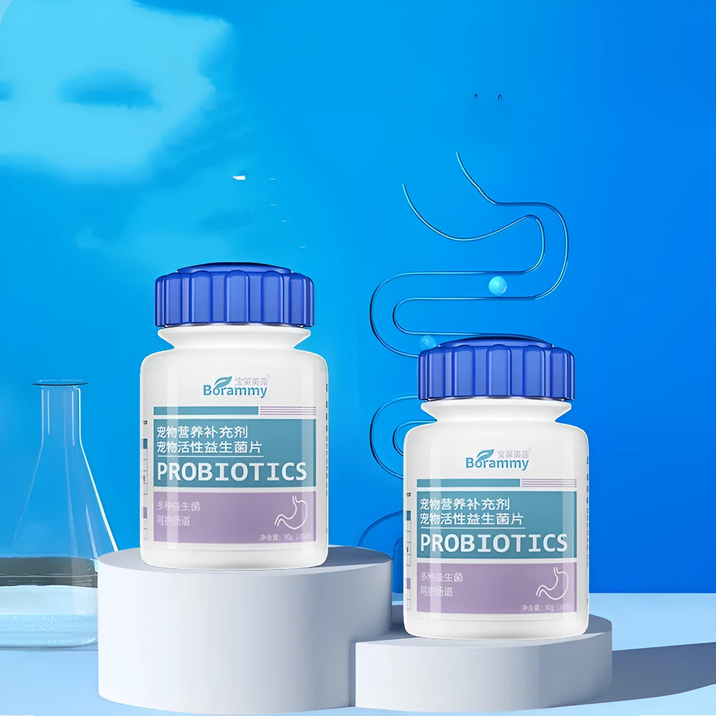 Bottle of pet probiotic tablets containing 180 count digestive health supplement for dogs and cats