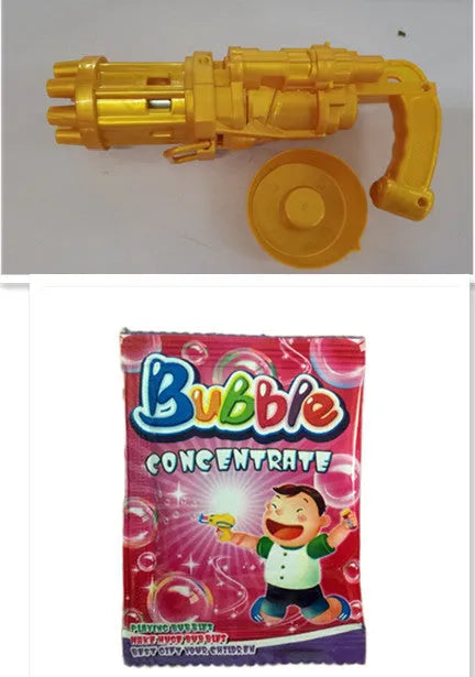 Child's plastic bubble blower gun in pink, gold, or black with removable bubble head for use as a fan.