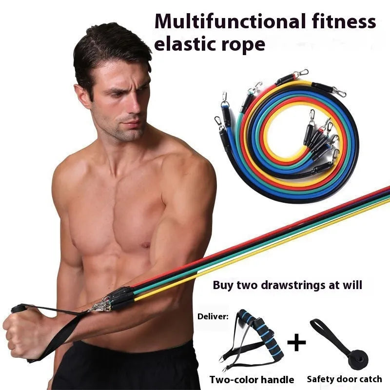 Multi-functional door sports 11-piece set with pulling rope packed in an ABS container.