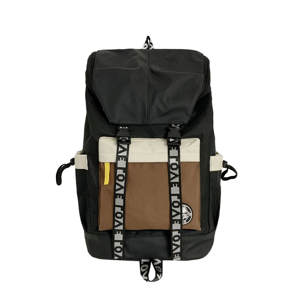 Oxford cloth backpack shown in black, green, or red, featuring multiple carry handles and straps.