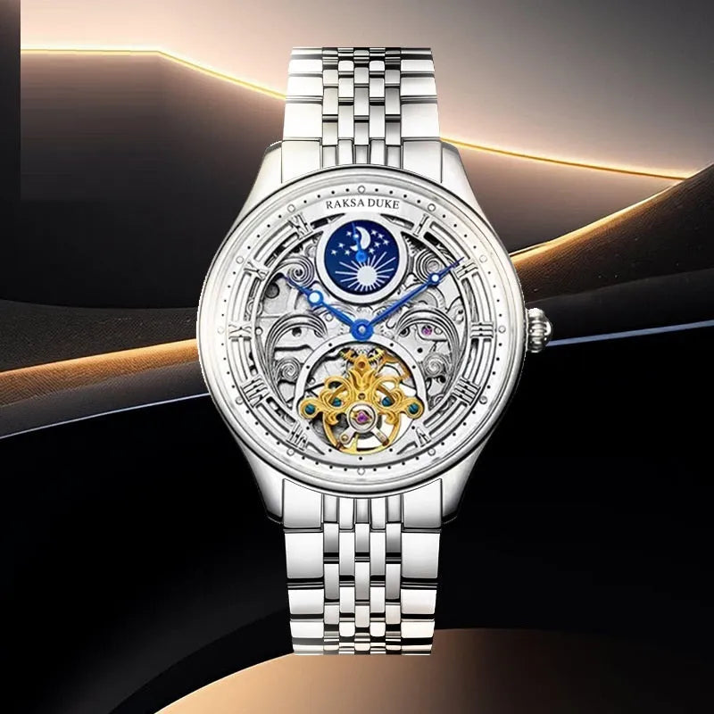 Business waterproof watch with hollow design steel case and matching steel strap, Duke Rosa colour scheme