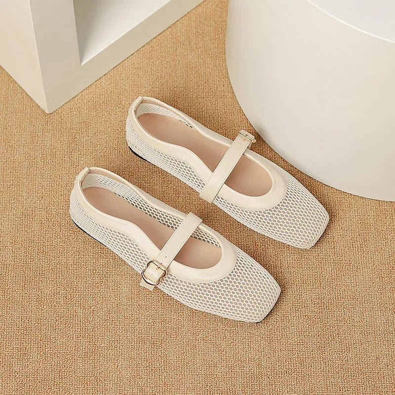 Women's beige mesh hollow out pumps with a square toe and buckle fastening on a flat beef tendon sole.