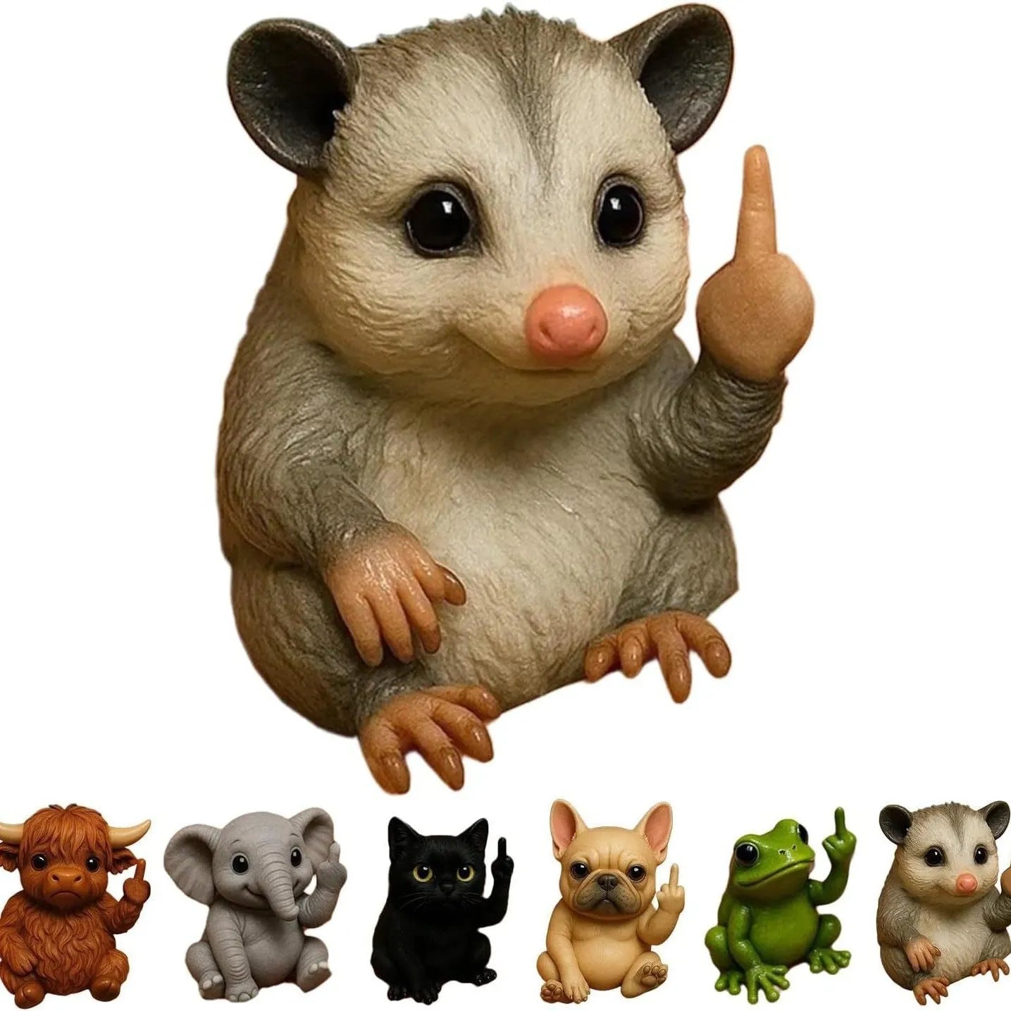 Mini resin animal doll holding up a middle finger, available in cat, dog, elephant, frog, cow, mouse, and turtle styles.