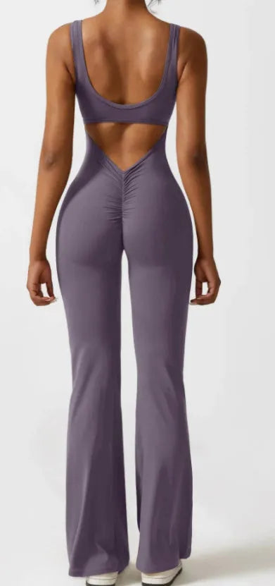 Women's tight yoga bodysuit jumpsuit in milk silk fabric with hollow seams and trousers length