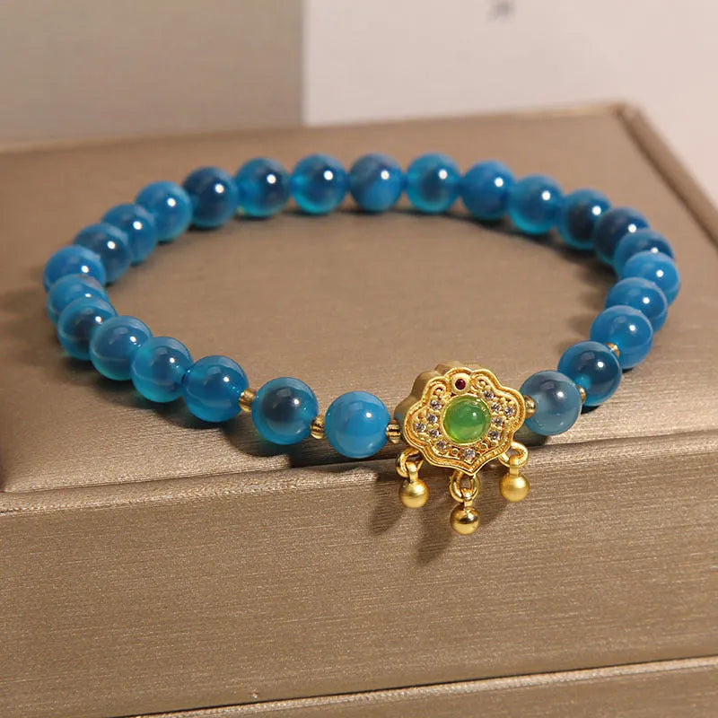 Blue sugar heart agate crystal bracelet with safety lock pendant for women