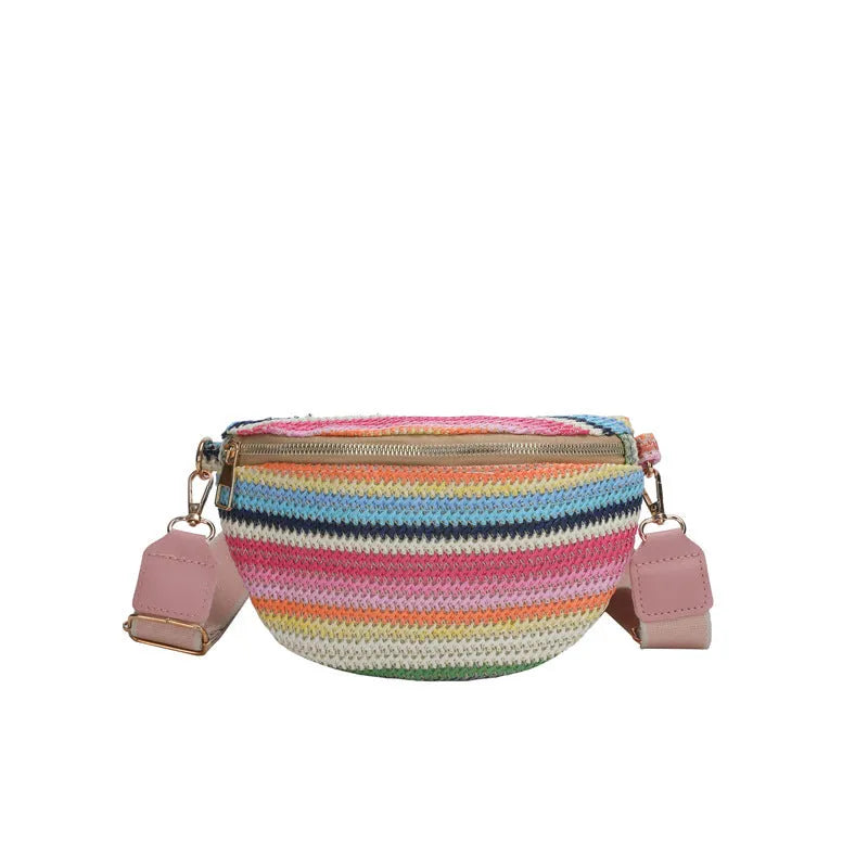 Bohemian style straw woven women's shoulder bag with adjustable strap in pink colour