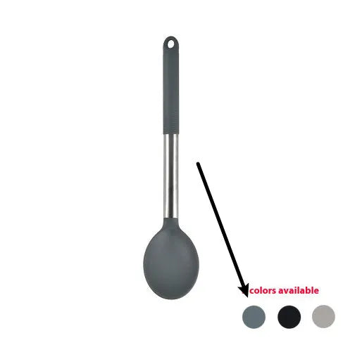 Silicone kitchen utensil set with 12 pieces including spatula, turner, ladel, and food clip in rotating storage bucket