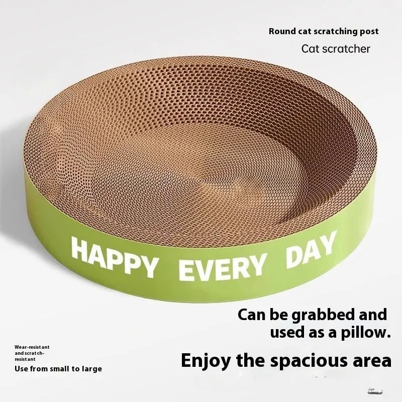 Green round cat scratching board nest with fleece sleeping area, 50cm diameter