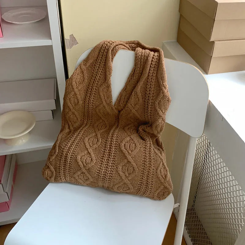 Retro hollow knitted shoulder tote bag in polyester with crochet design showing double straps and large capacity