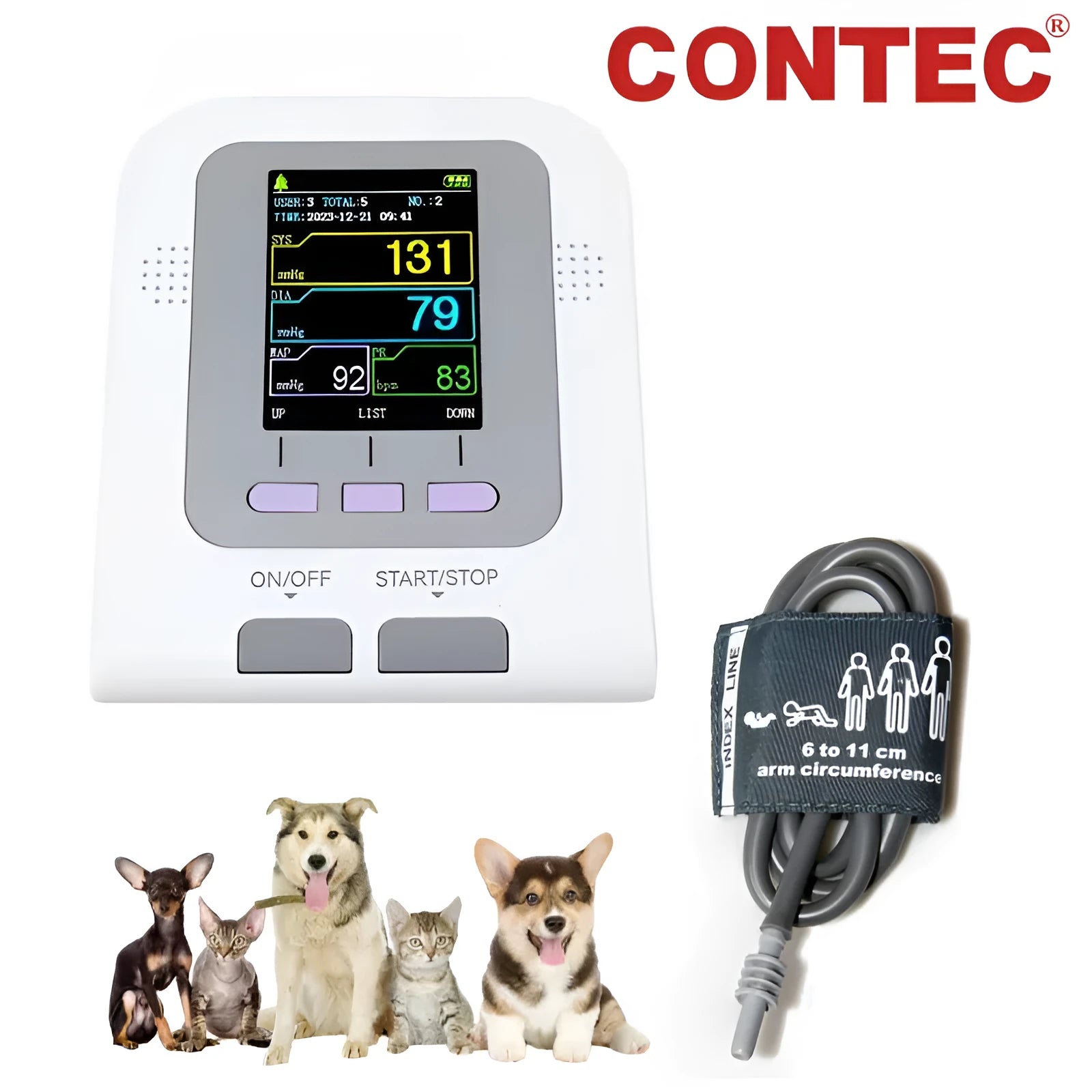 CONTEC08A veterinary digital blood pressure monitor with colour display and cuff for animals.