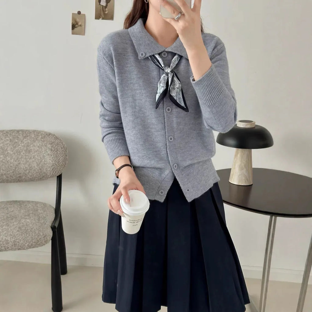 Women's lapel scarf sweater cardigan in acrylic fibre available in four neutral colours