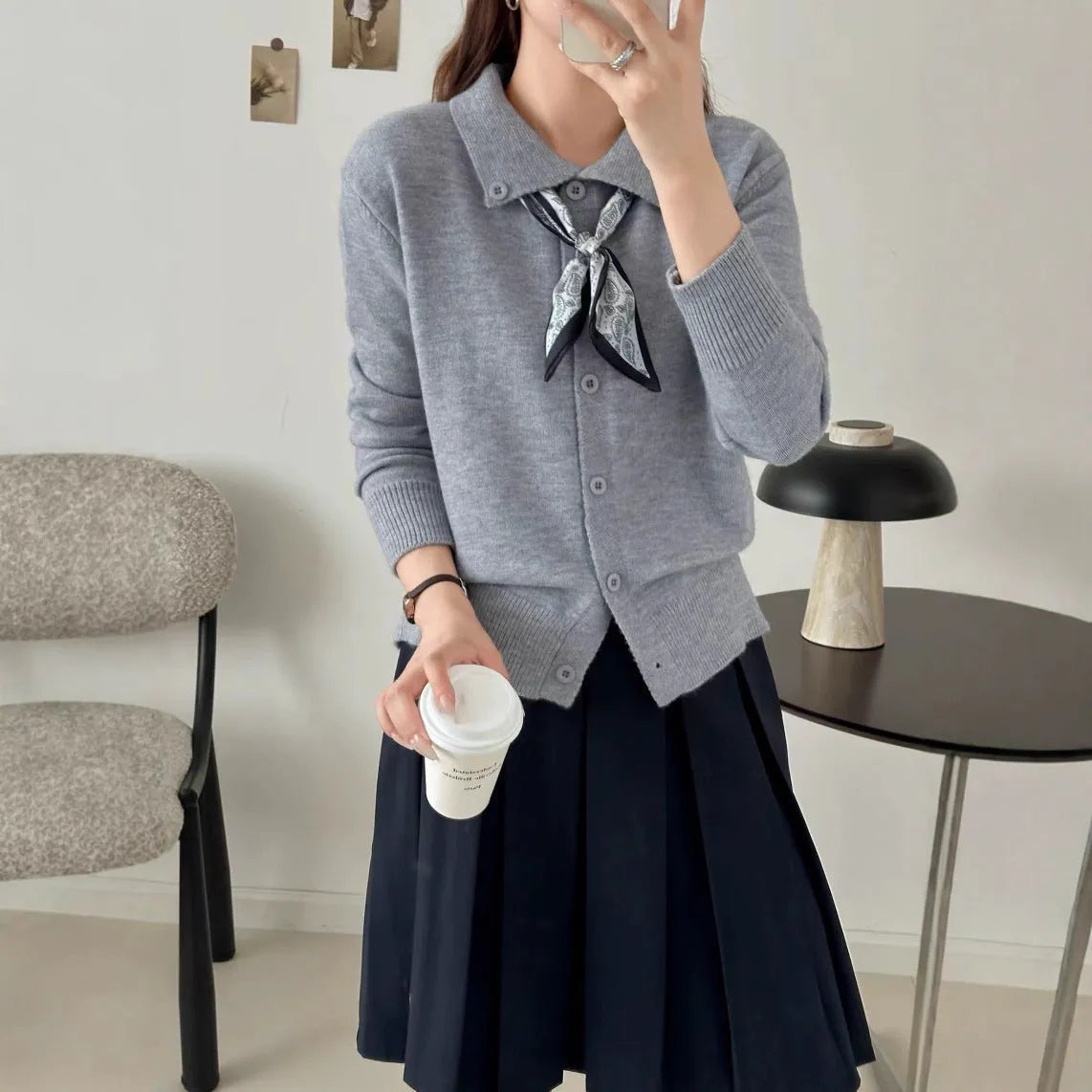 Women's lapel scarf sweater cardigan in acrylic fibre available in four neutral colours