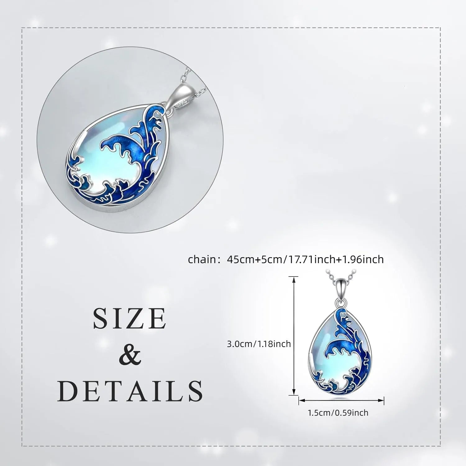Blue heart-shaped alloy pendant necklace on a silver-tone chain.