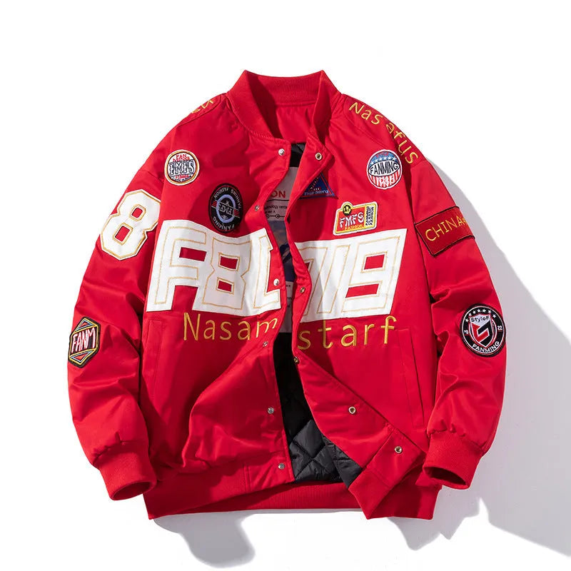 Black American motorcycle baseball jacket with side pockets, shown with detachable hood, for couple riding.