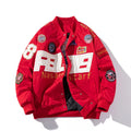 Black American motorcycle baseball jacket with side pockets, shown with detachable hood, for couple riding.