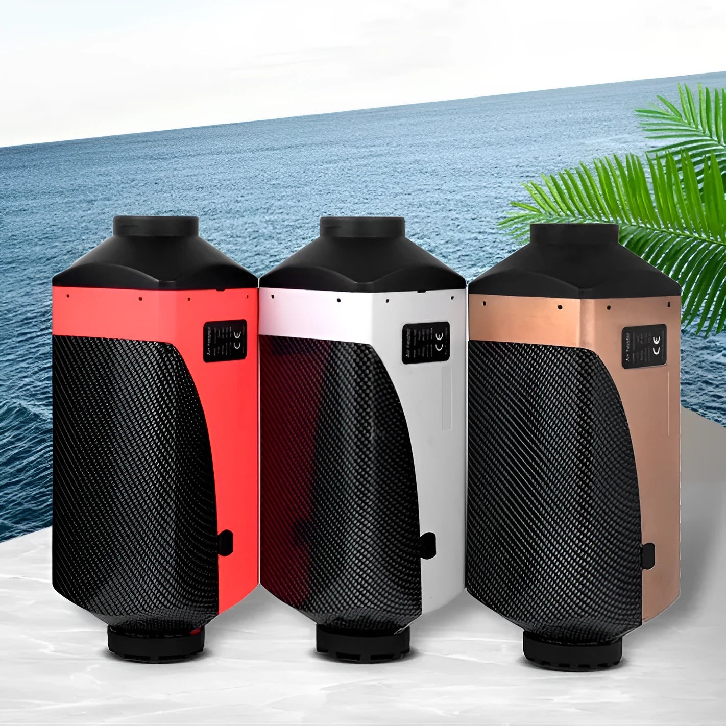 Red and black diesel air heater kit for vehicles with fuel tank and installation components.