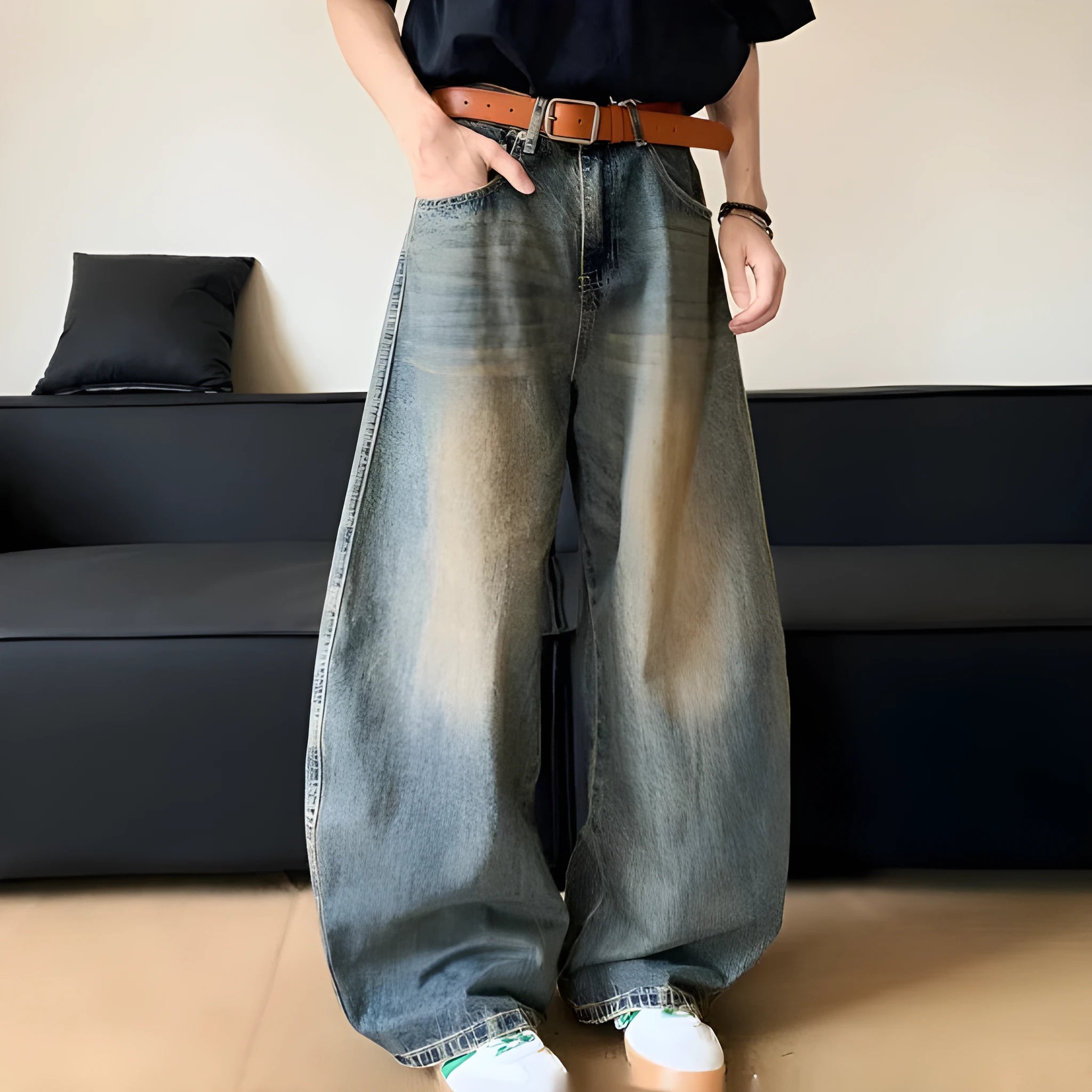 Men's retro blue distressed denim wide-leg jeans with a slimming fit and zip fly