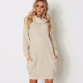 A mid-length apricot pullover sweater with a lapel neckline, loose fit, and side pockets on a hanger.