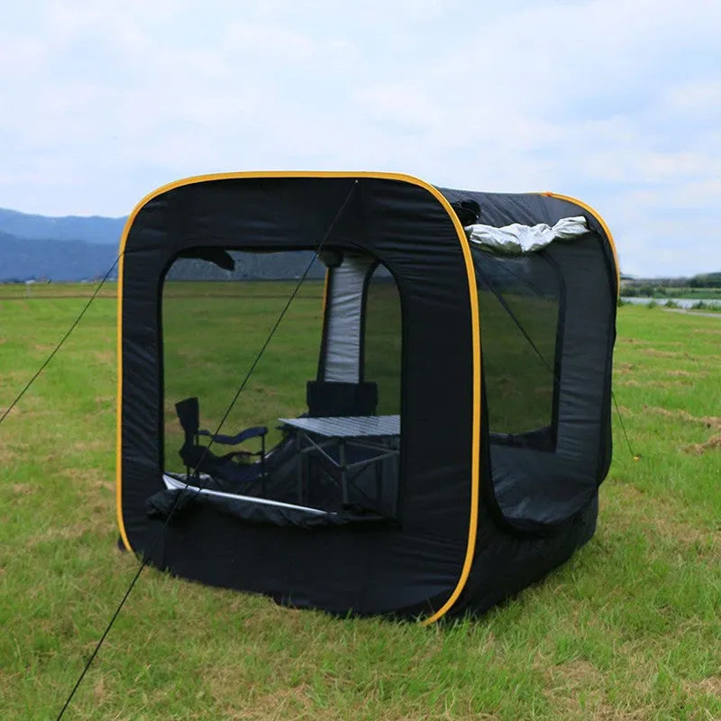 Black pop-up car tailgate tent unfolded, showing quick-throw design and cubic 200cm dimensions.