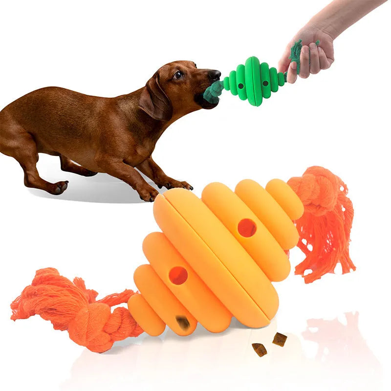 Green and yellow silicone dog ball with rope handle for tug-of-war and treat dispensing