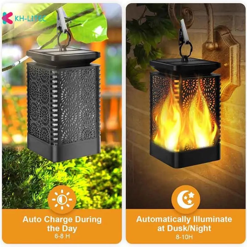 Set of four black solar-powered flame torch lights with flickering LED effect for garden pathways