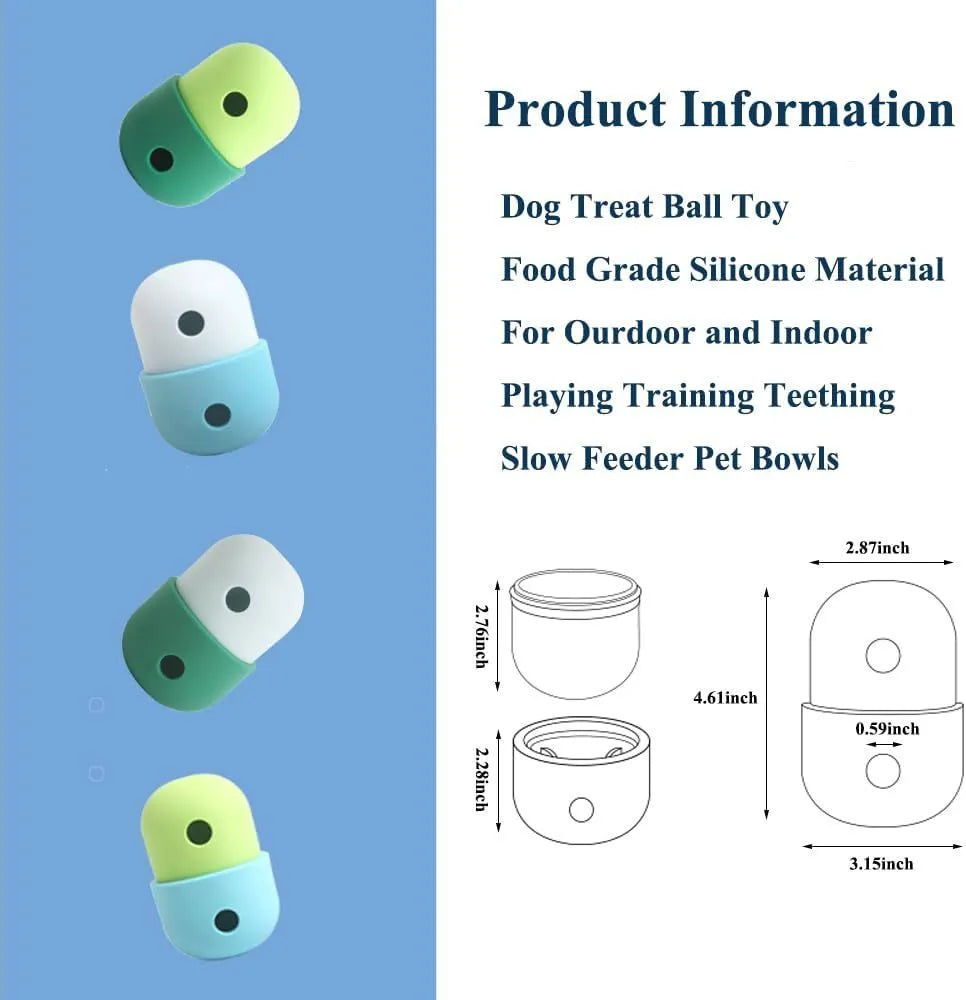 White and blue food grade silicone dog puzzle ball treat toy shown on a wooden floor.