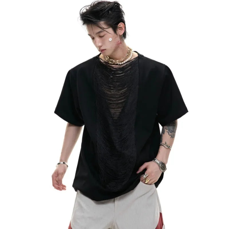 Men's black loose fit t-shirt with hollow out V-neck and three-dimensional cutting