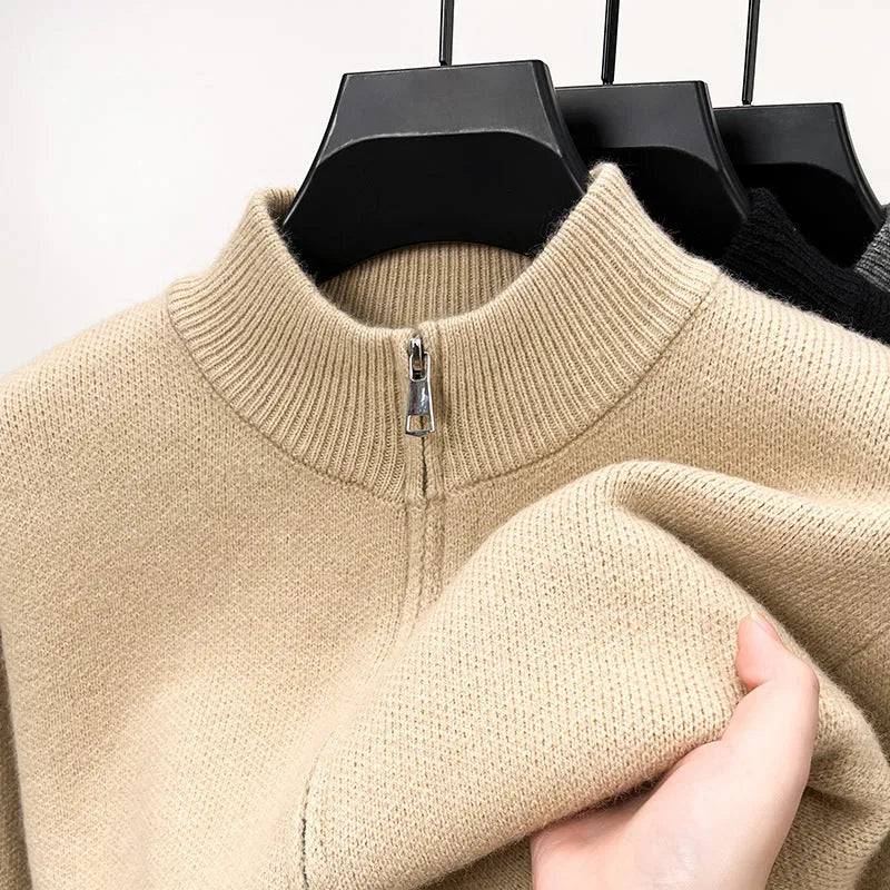 Men's high-neck zip-front cardigan in loose fit knitted fabric, shown in beige colour