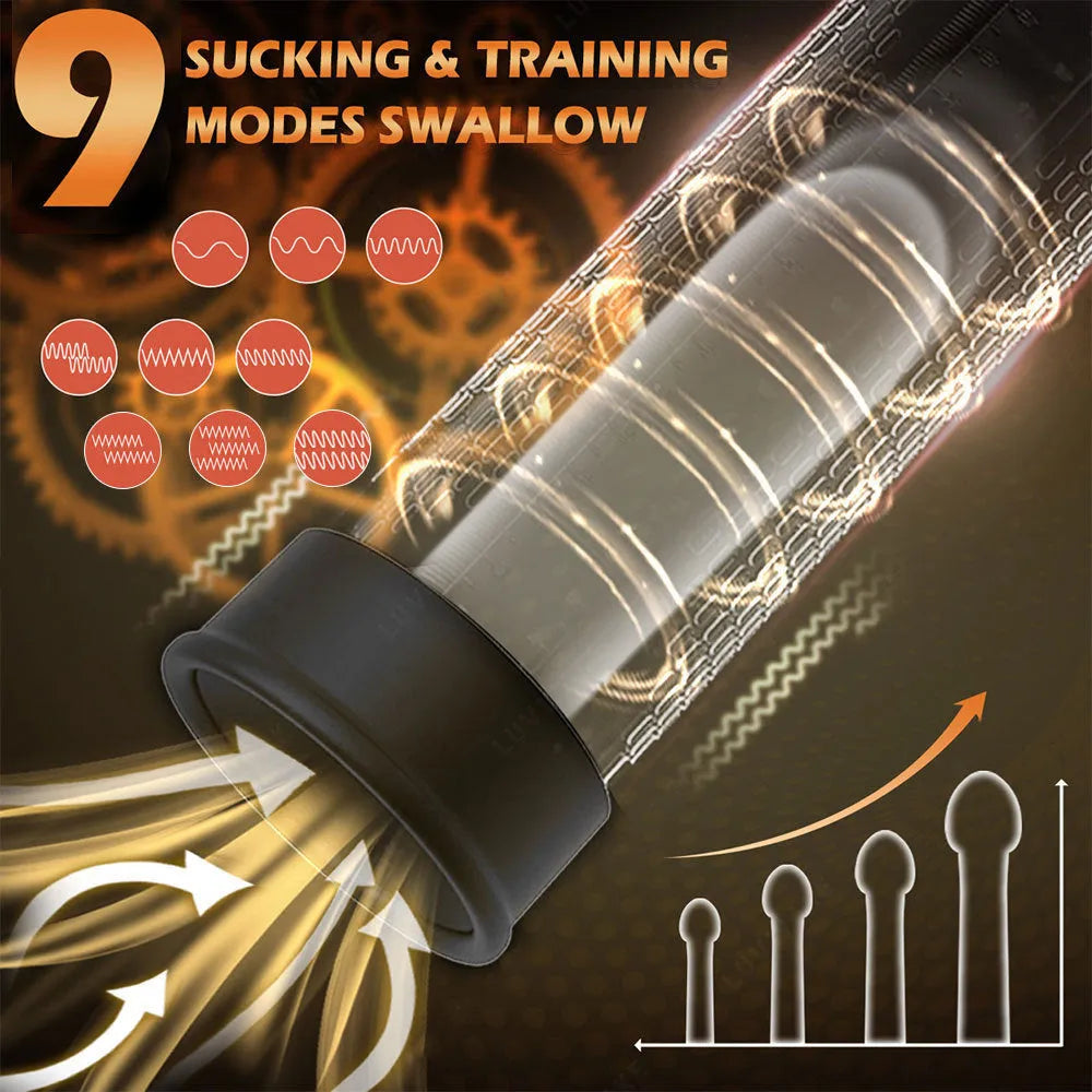Handheld electric penis pump in diqiao colour, made from black ABS and grey TPE plastic.