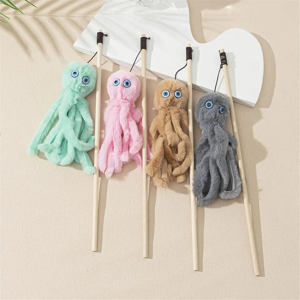 Octopus design cat toy with long stick wand for indoor kitten play in multiple colour options