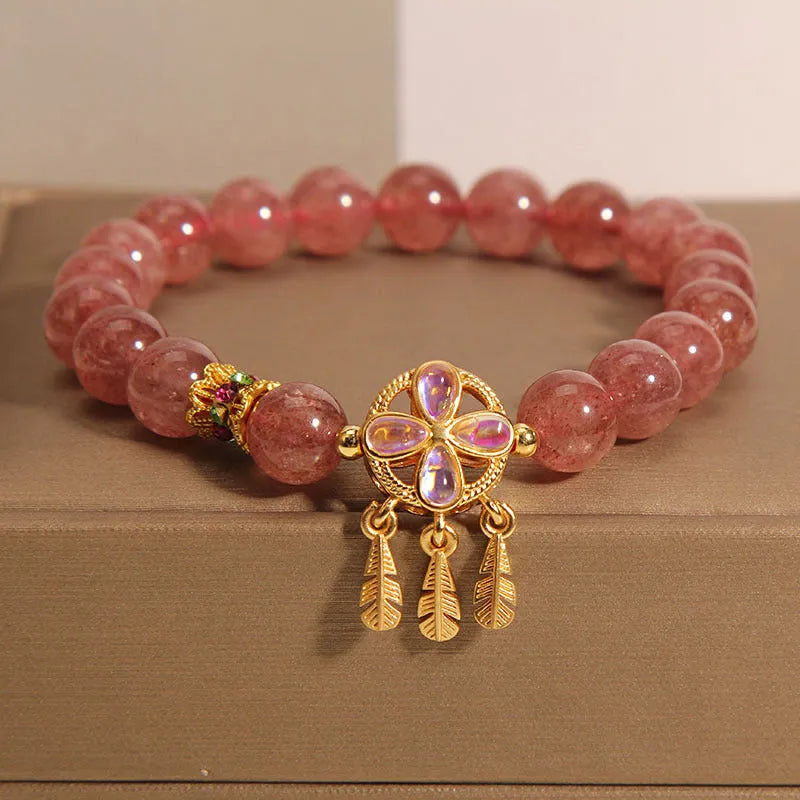 Strawberry quartz bracelet with four leaf clover dream catcher ball pendant crystal jewellery for women
