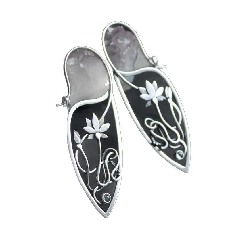 Silver electroplated alloy earrings with lotus vine geometric design and retro styling elements