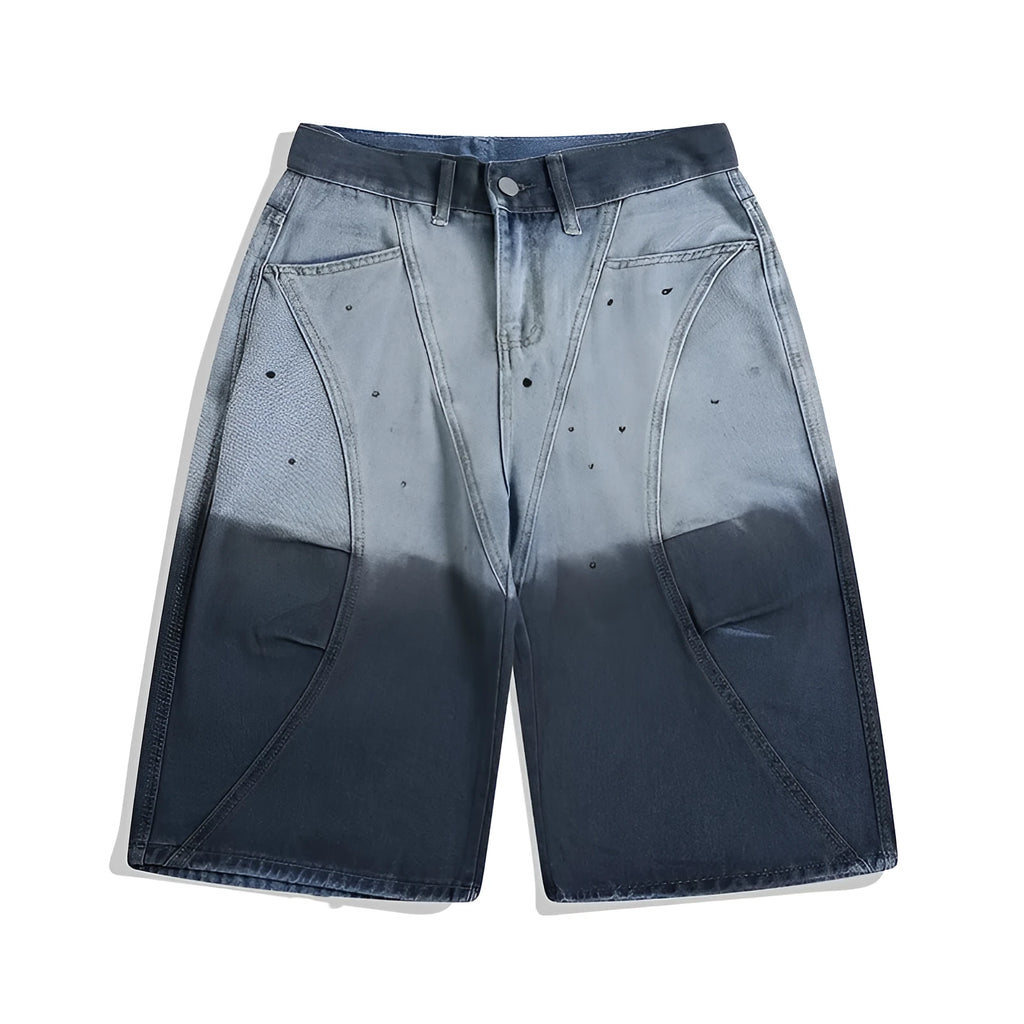 Blue tie-dye gradient washed-out women's cropped jeans with a loose, casual fit