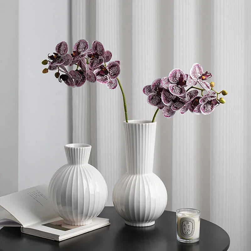 White American striped ceramic ball vase for living room decoration with orchid stem options