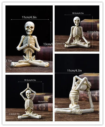 Detailed resin ornament of a yoga pose skeleton skull on a desktop, shown in black and white colour options.