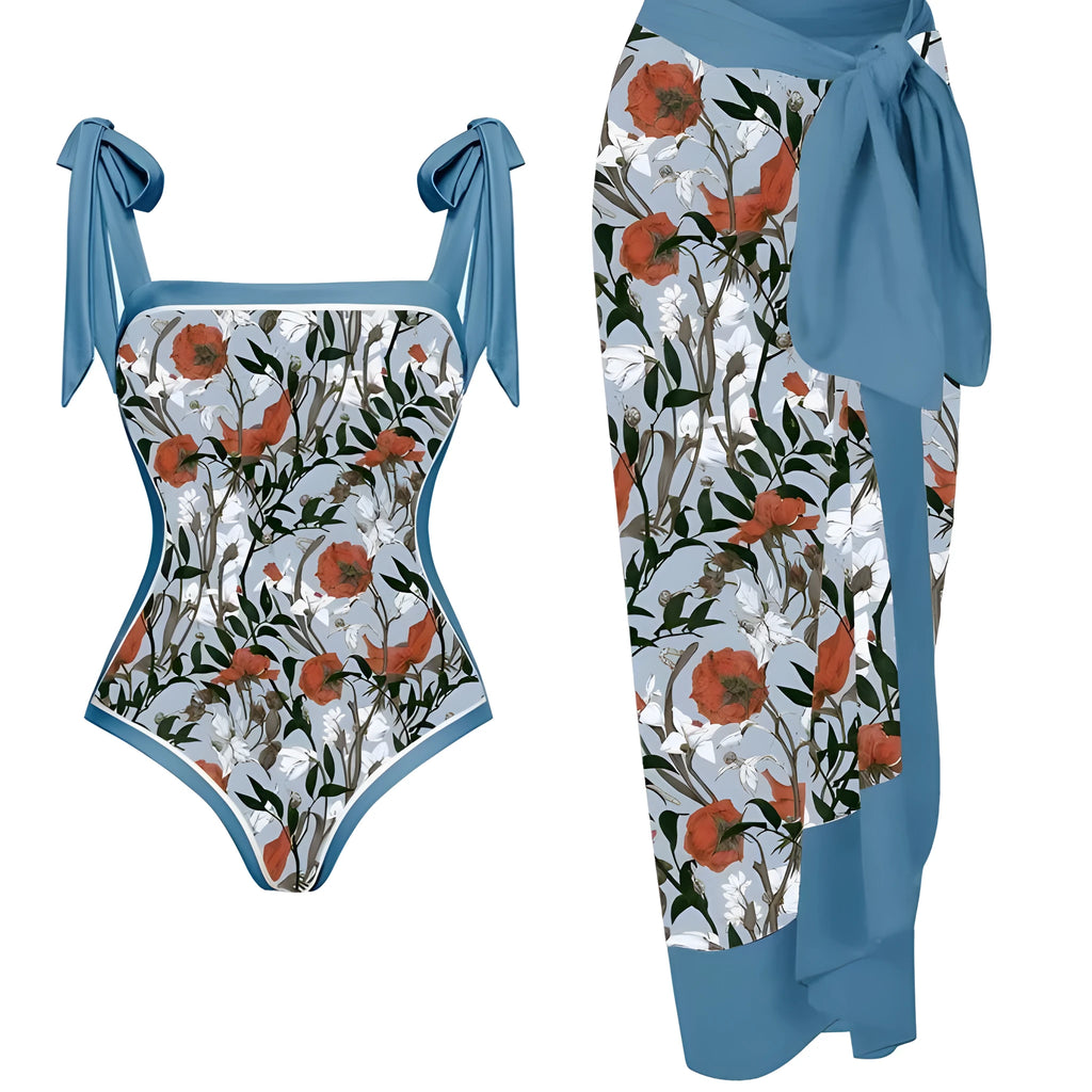 Women's printed floral swimsuit set with chiffon cover-up skirt