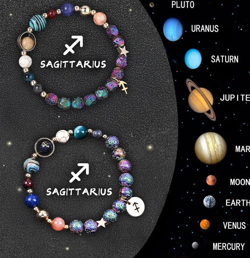 Two natural stone zodiac bracelets with adjustable cords showing astrological symbol beads