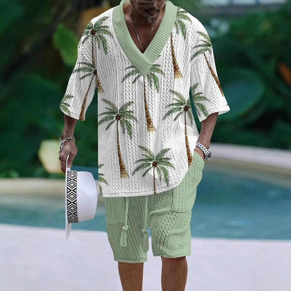 Men's loose casual short sleeve top and shorts suit separates set in polyester fabric