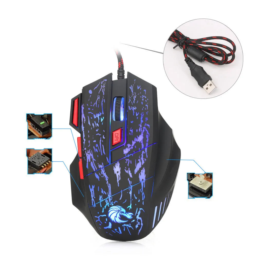 Black gaming mouse with luminous water crack pattern design, USB cable, and ergonomic shape