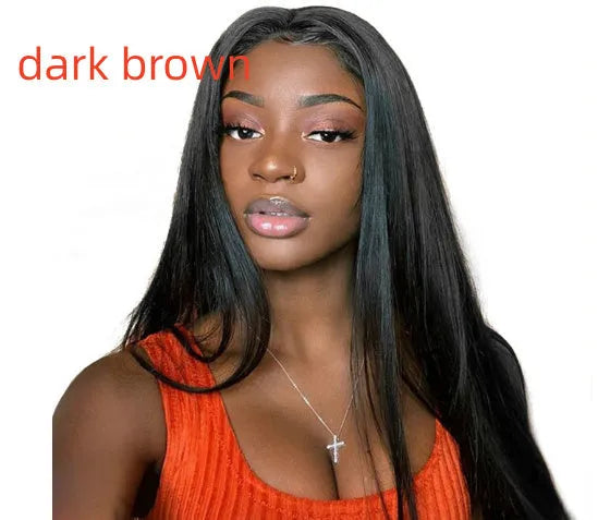 Long straight black synthetic wig with centre-parted bangs on a mannequin head