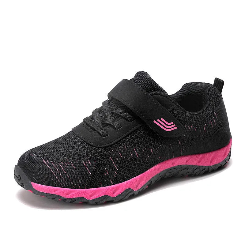 Women's low-top grey purple wedge heel shoes with velcro strap and breathable mesh upper.