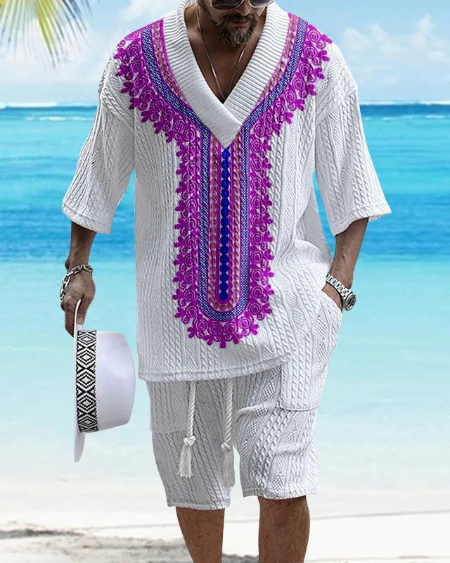 Men's knitted short-sleeved top and matching shorts in a solid colour, showing relaxed drop-shoulder fit.