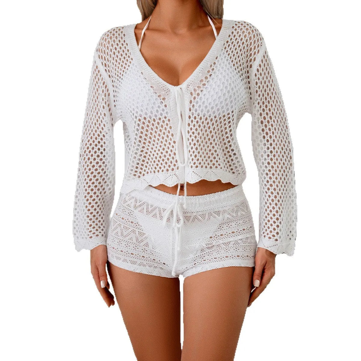Women's cotton-like cardigan blouse with hollow woven fabric and bell sleeves in apricot colour
