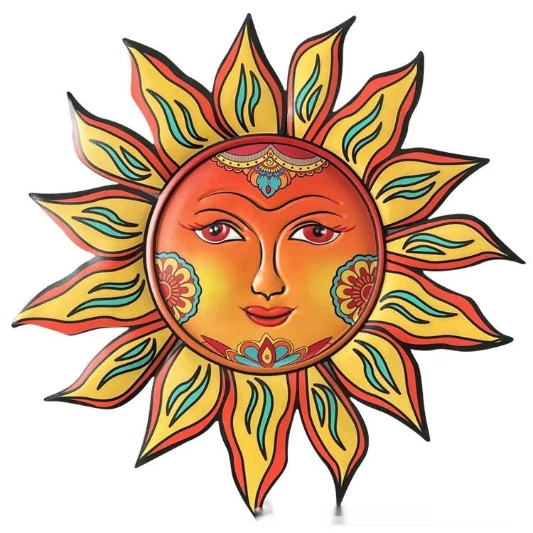 Iron sun face decorative metal wall hanging in a choice of colours for indoor or garden use.