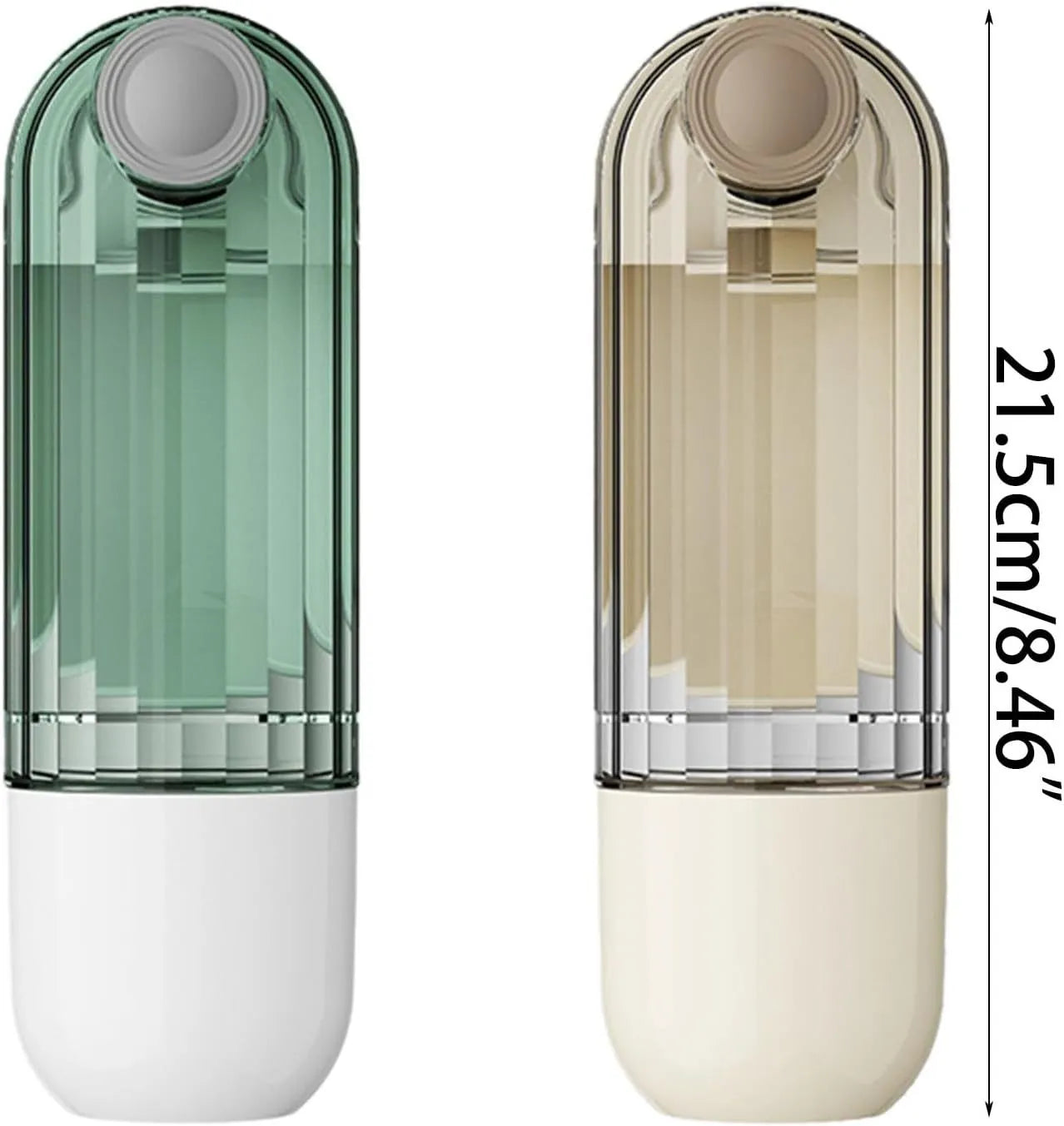 Beige and green foldable dog water bottle with food dispenser for outdoor use