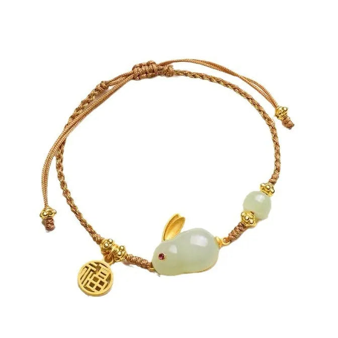 Hetian jade rabbit bracelet with geometric charm on yellow string for women